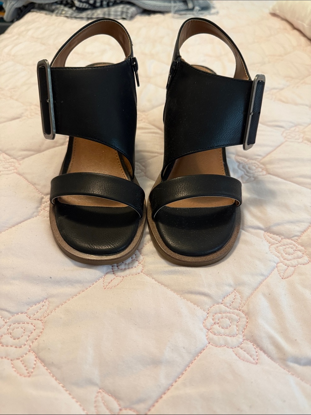 White Mountain Black Open-Toe Buckle Heels